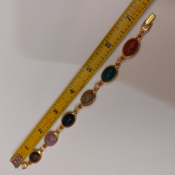 Multi Stones Scarab Bracelet Gold Tone Links Semiprecious Gems - Picture 6 of 9